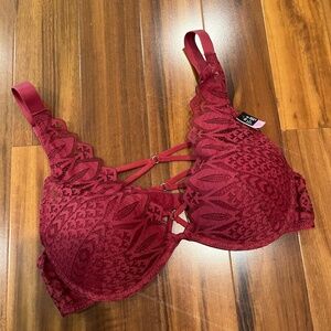Etam Dark Red Bra Lace Push Up Padded Strappy Underwire Intimates New NWT Sz 36B